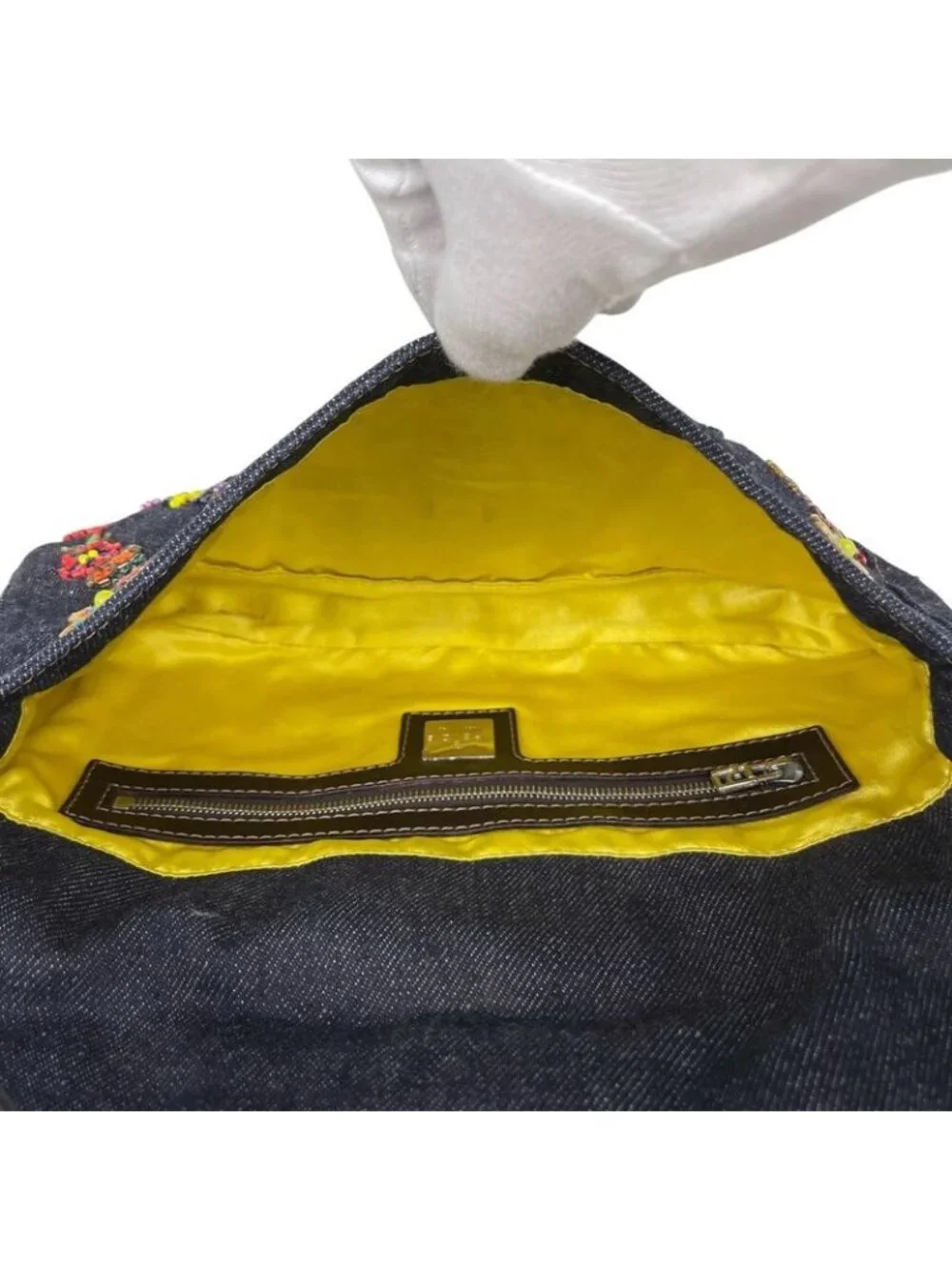 Fendi Zucca Pattern Mamma Baguette Beads Embroidery Shoulder Bag Denim Navy - Picture 15 of 15